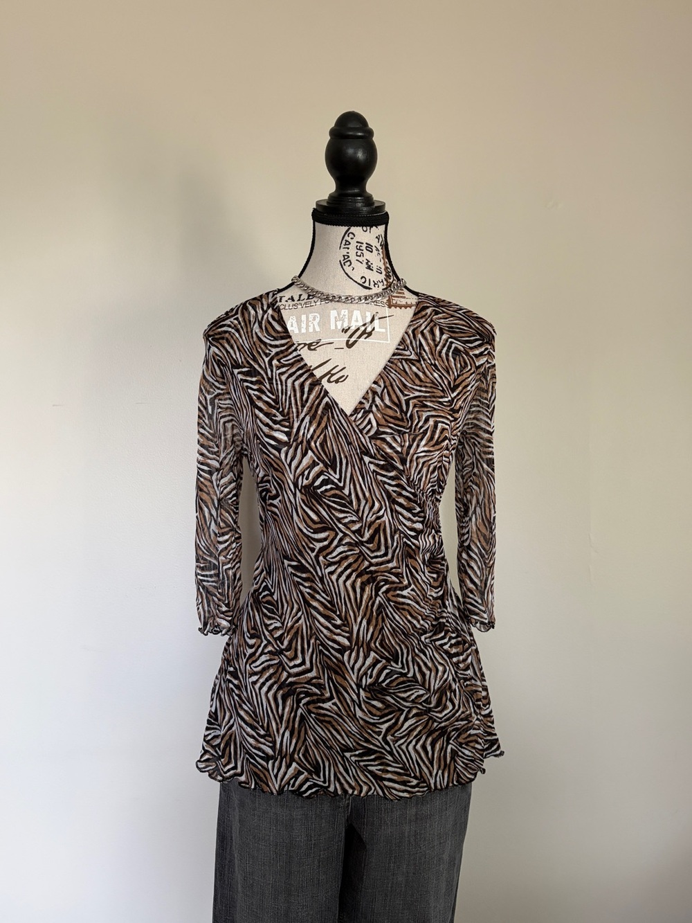 Y2K 100% Silk Tan Zebra Print Tie Back V-Neck Blouse | 2000s Luxury Office Siren
